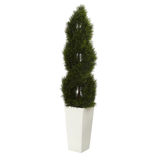5.5ft. UV Resistant Double Pond Cypress Spiral Topiary Artificial Tree in White Tower Planter